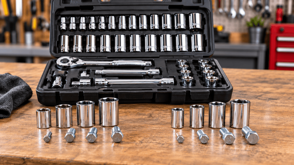 complete socket set with ratchet, extensions, and different socket sizes