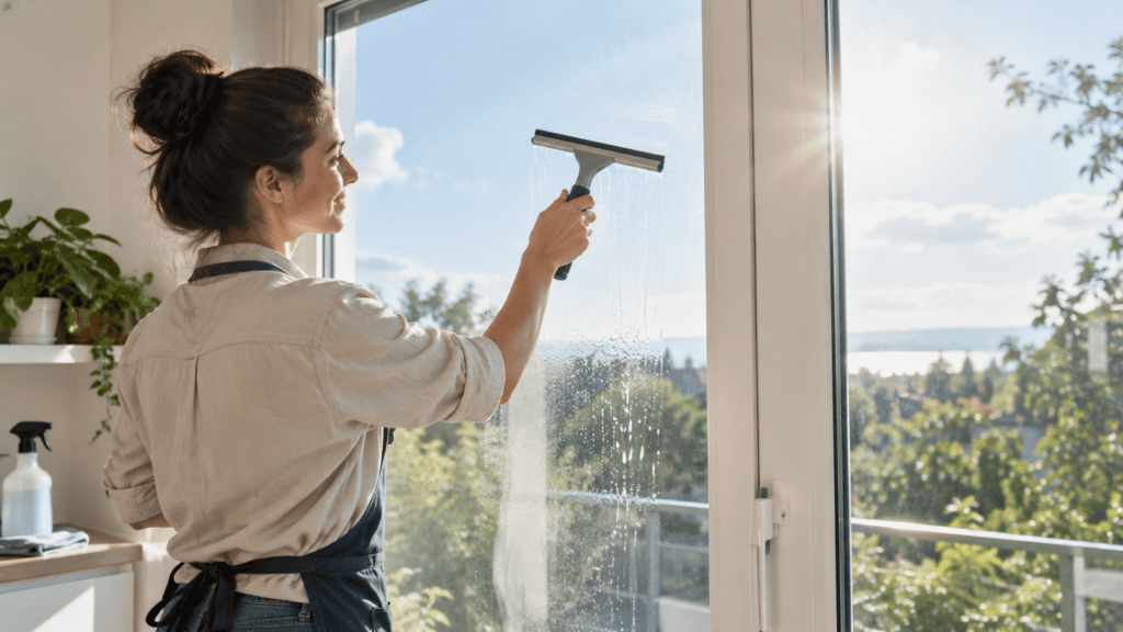 Homeowner using a squeegee for window washing