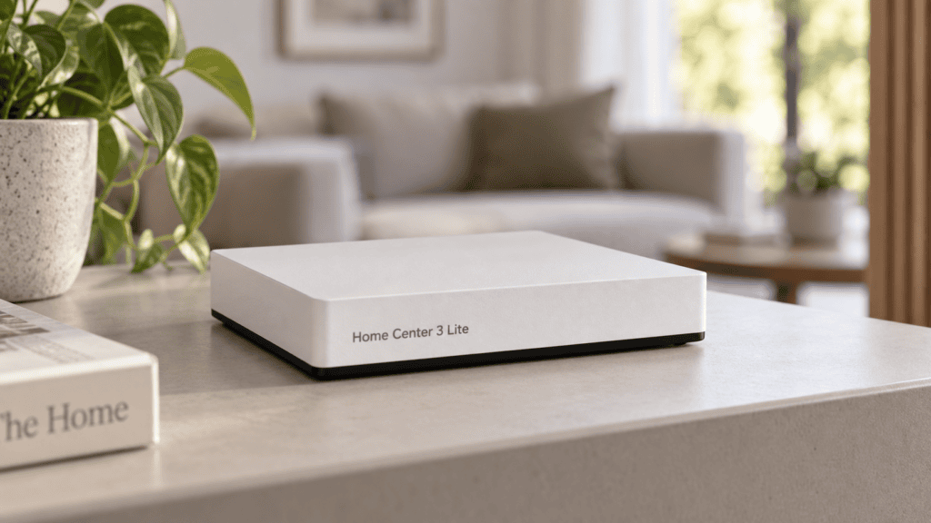 Illustration of a Home Center 3 Lite controller on a shelf in a modern living room.