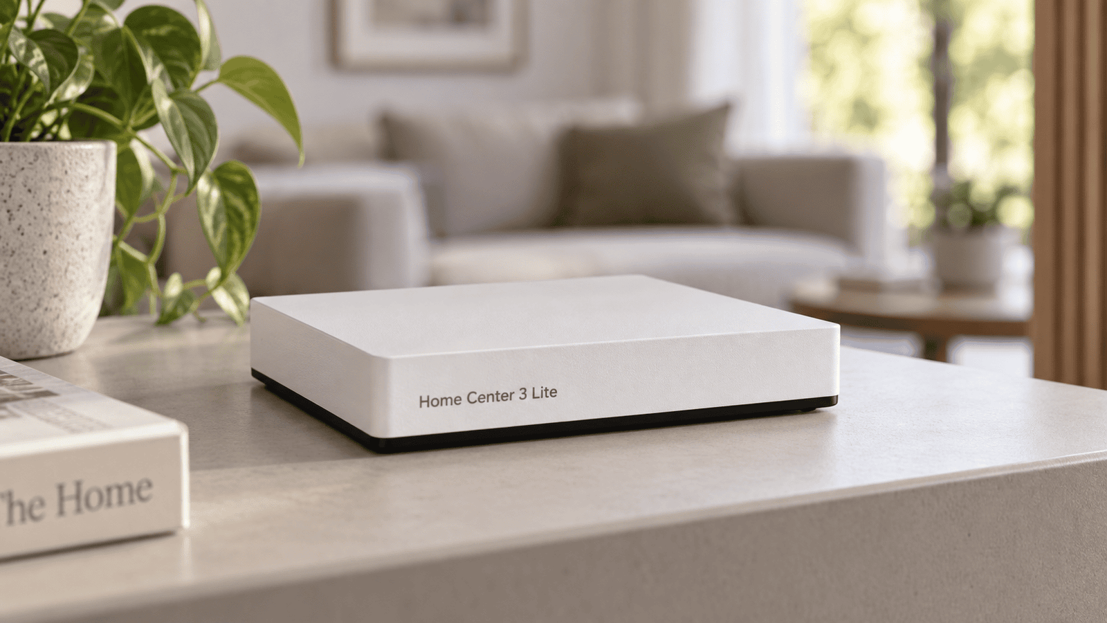 Illustration of a Home Center 3 Lite controller on a shelf in a modern living room.