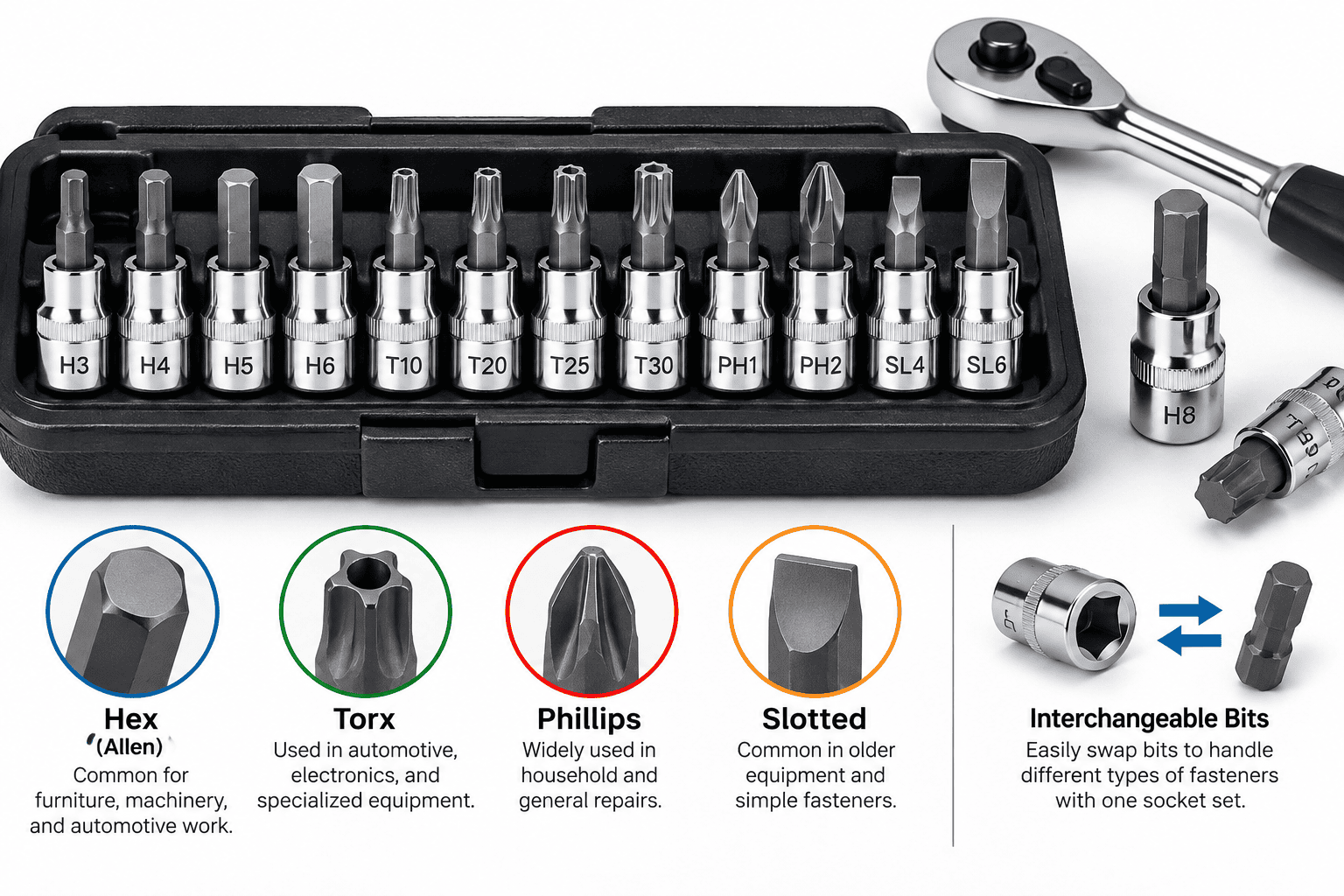 Bit socket set with different interchangeable tool bits