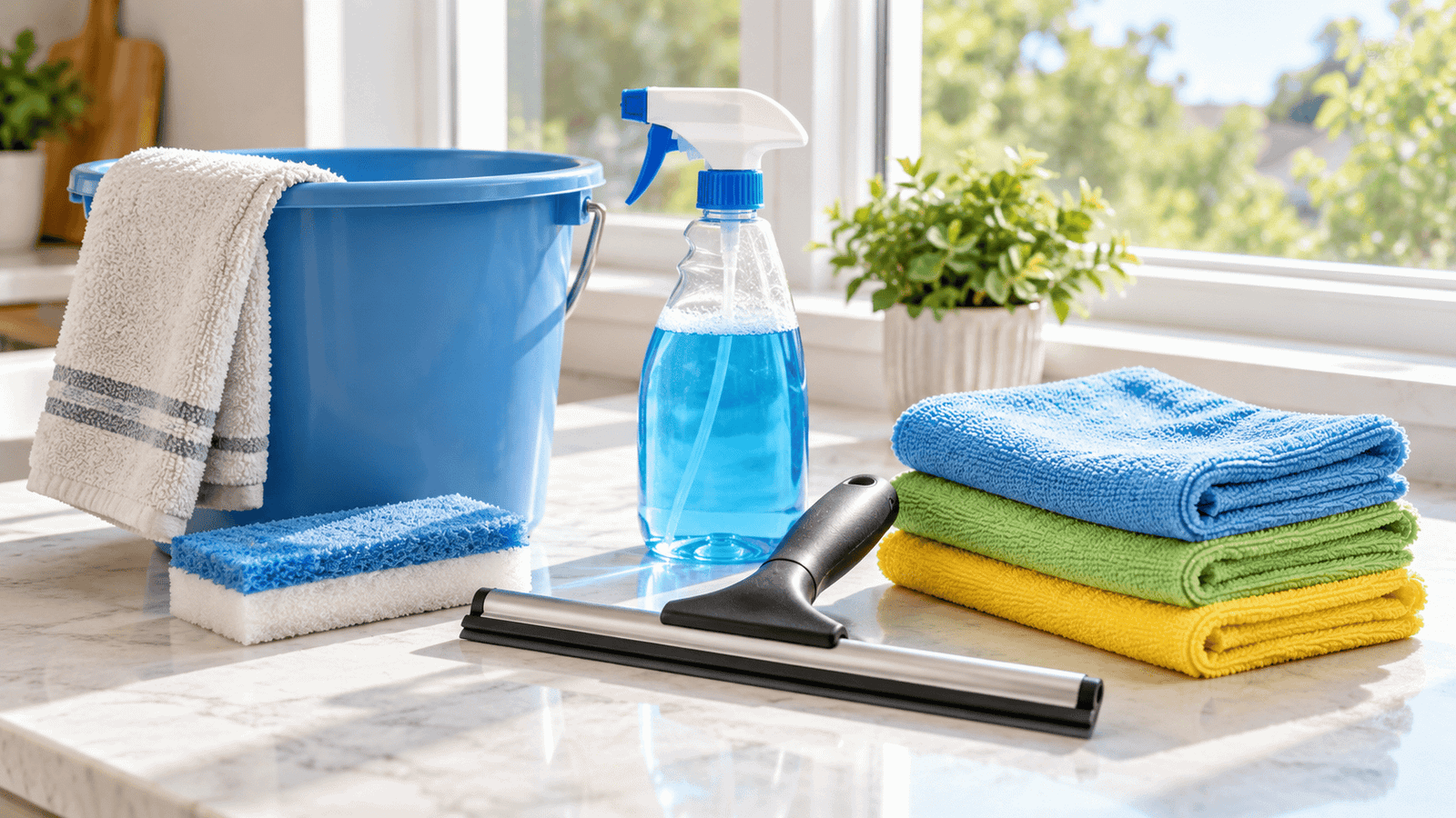 Window cleaning tools including squeegee, microfiber cloth, spray bottle, and bucket for glass cleaning