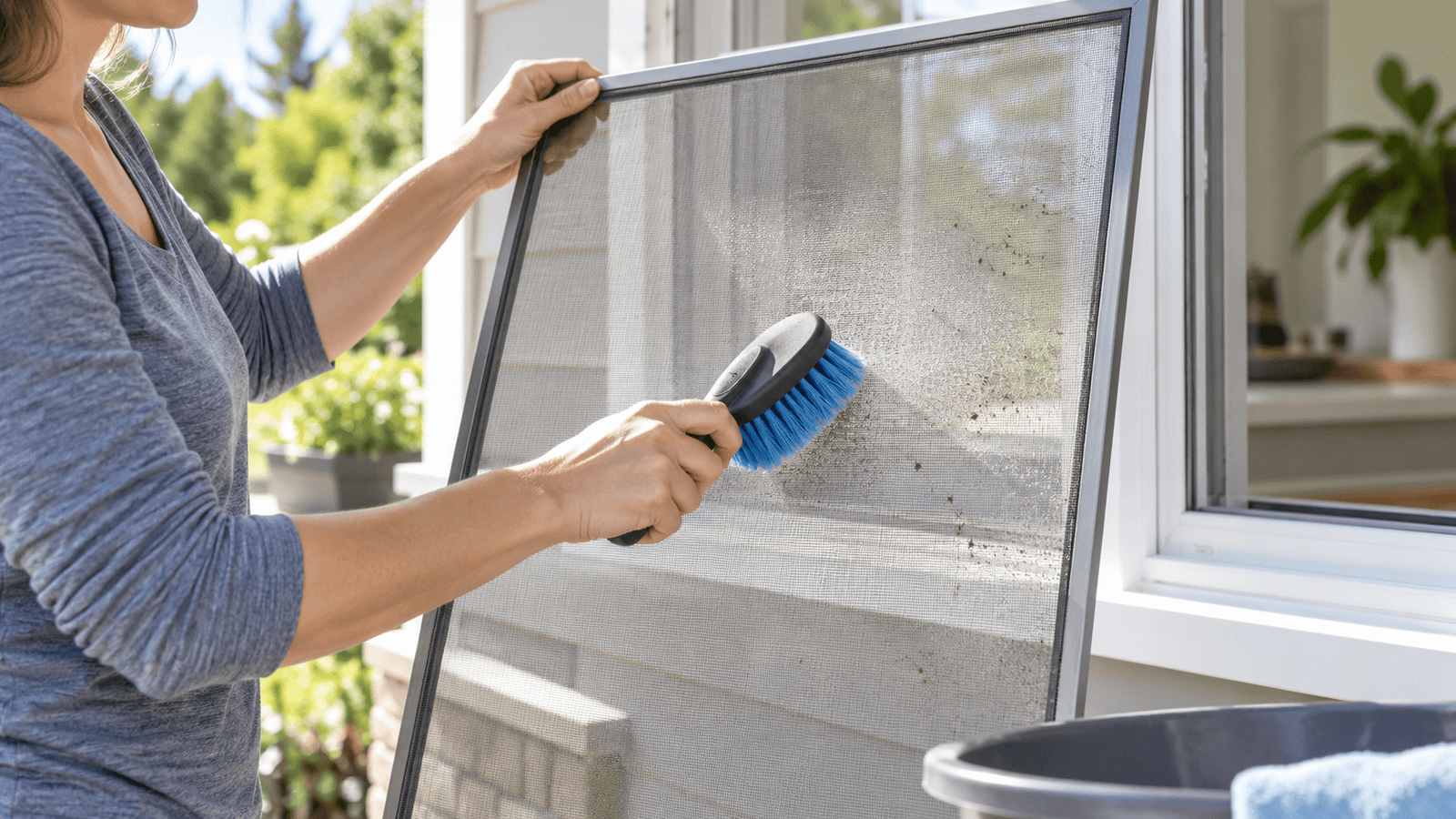 Person cleaning a removable window screen with a soft brush to remove dust and debris